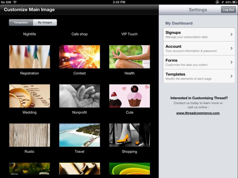Choose a picture for your welcome screen and navigate page to page from the choices on the right.