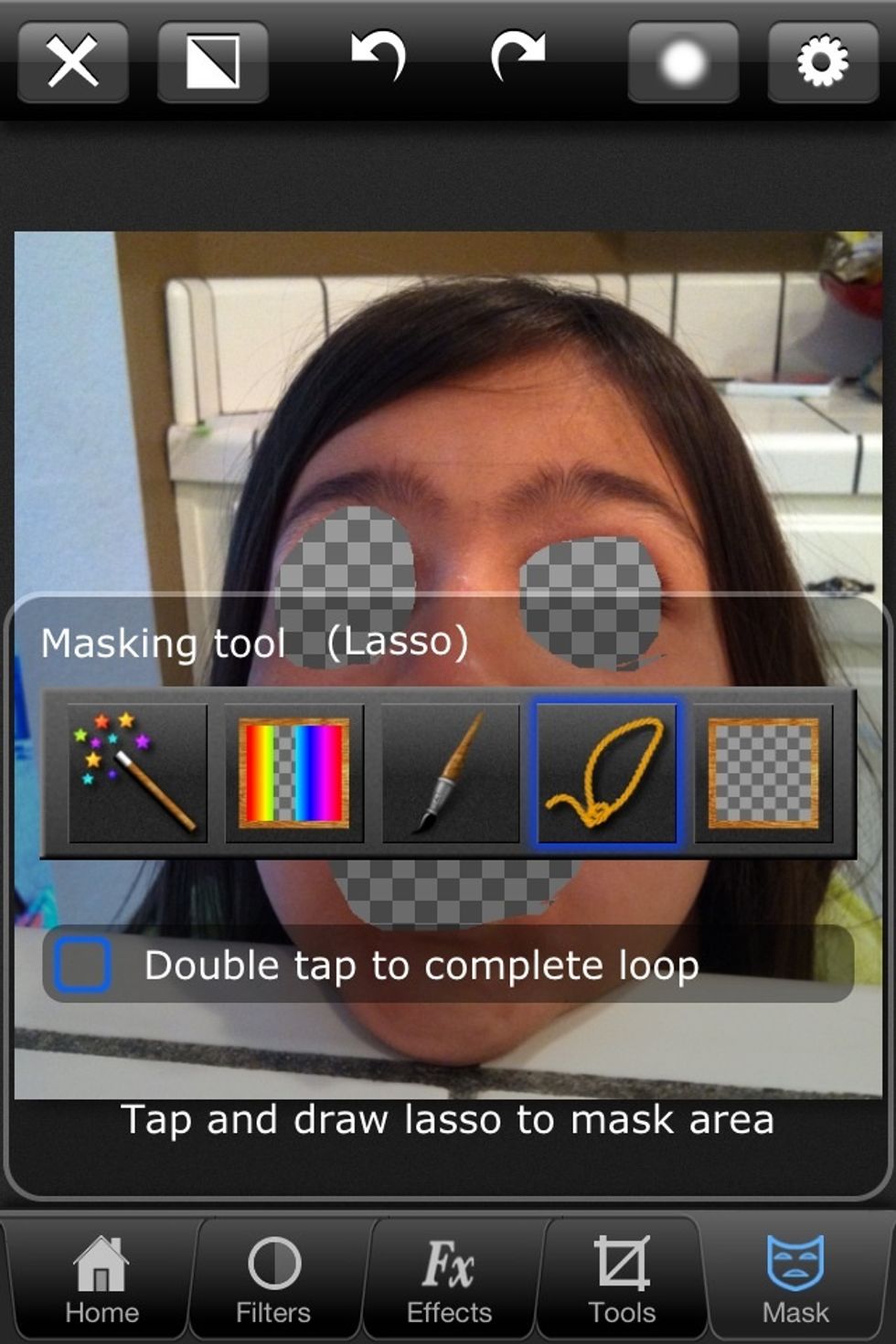 Choose a selection tool. I'm using the lasso to cut out her eyes and mouth. Checkerboard means transparent. But wait! I want to cutout the opposite, or the inverse. No problem!