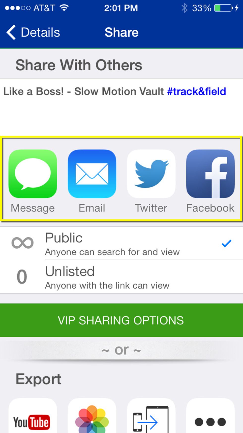 Choose a sharing destination. Videos that are shared via email, text message, Twitter or Facebook are uploaded to coachseye.com and will appear in the "Explore" community section of the app.