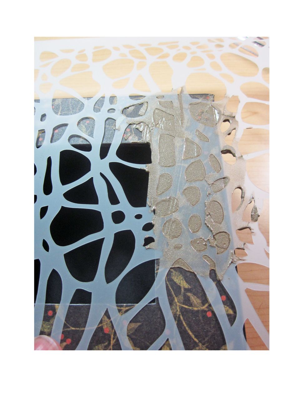 Choose a stencil /template you like and apply the mixture randomly over the top of the box. I did my pattern all over but you could just do bits and pieces if you wanted.