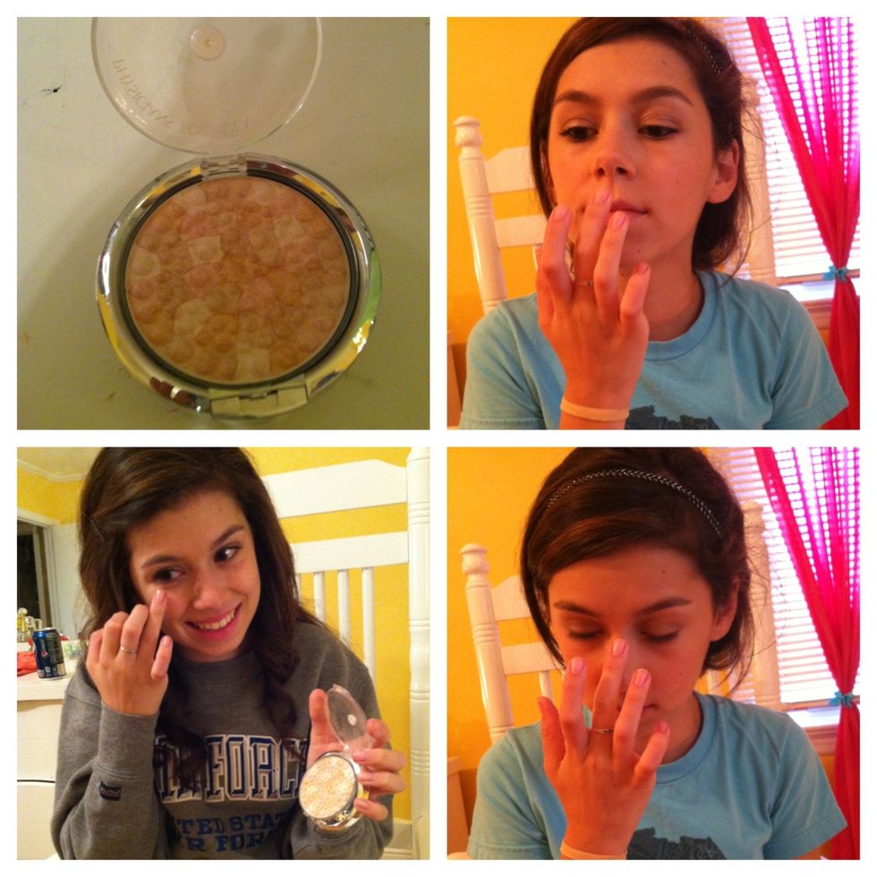 Choose a white or pink based highlighter and apply it to wherever the sun will naturally hit your face, cheekbone, bridge of nose and cupids bow. Apply cusing your finger or a light fluffy brush.