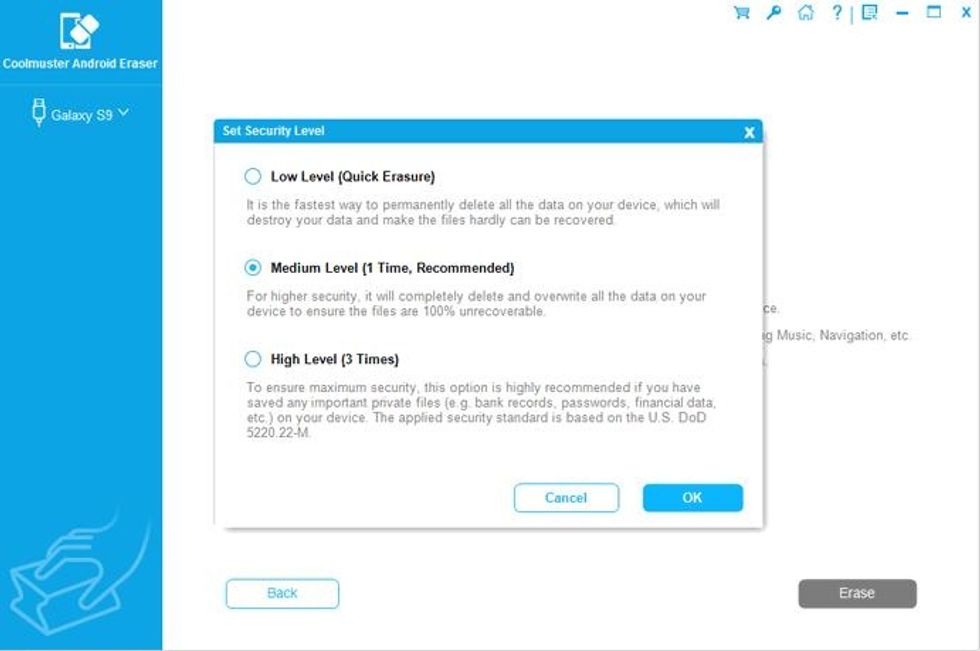Choose and confirm the security level for the deletion. It could be Low Level, Medium Level or High Level.