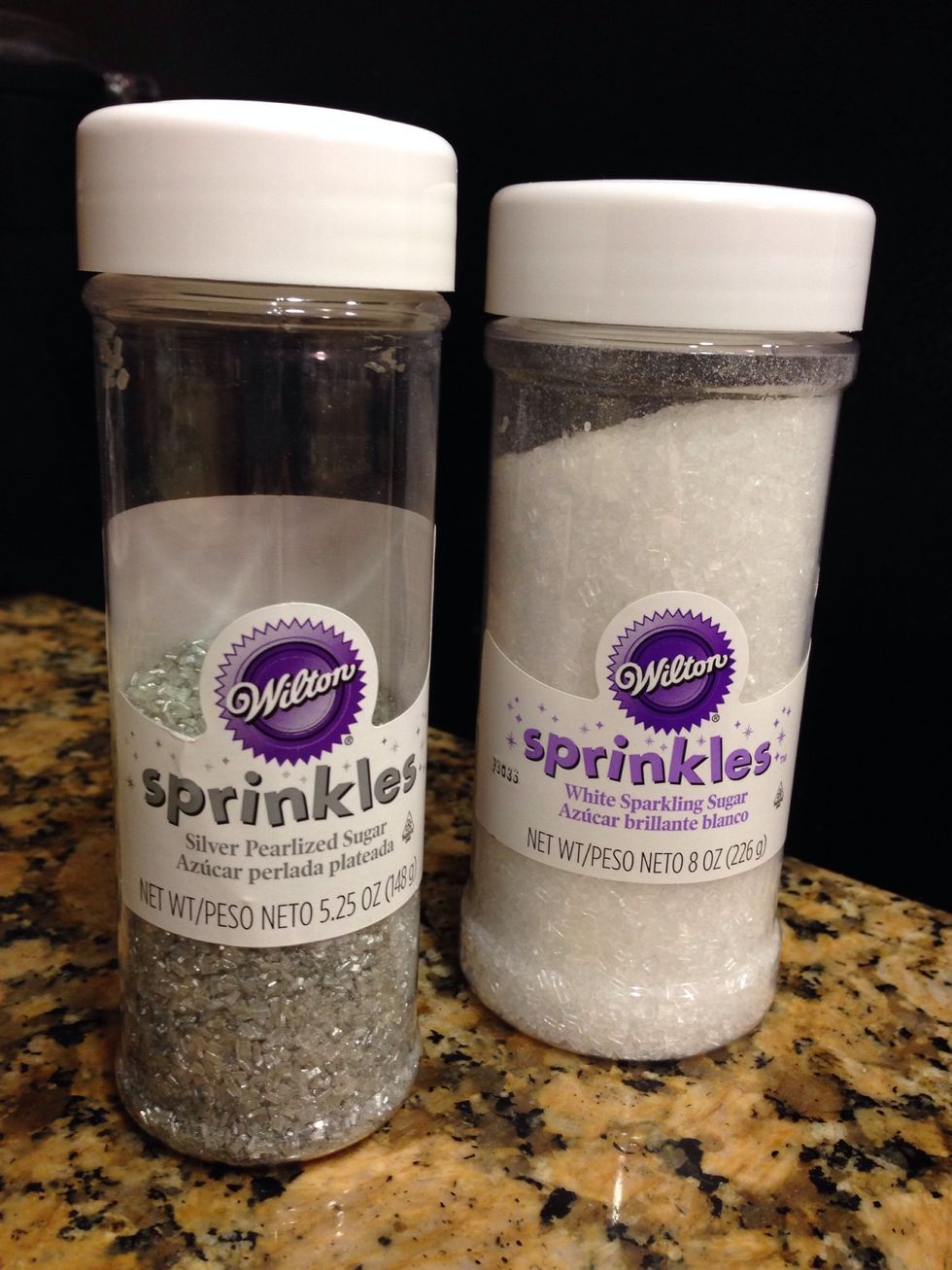 Choose color of sprinkles you want to use and place in a small shallow bowl. I mixed silver and clear sprinkles together (silver sprinkles were 3x as expensive as clear and it gave the same effect).