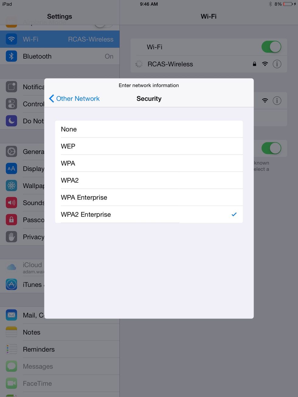 Choose either WPA Enterprise or WPA2 Enterprise. It does not matter which you choose between those two. Tap "Other Network" to go back.