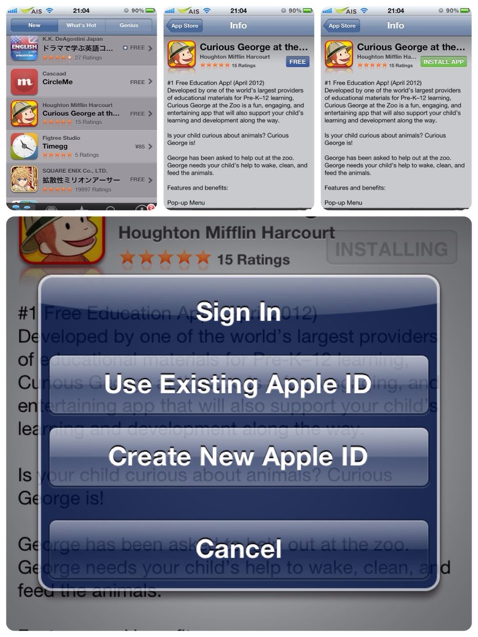 Choose "Free" application to access about application's information. Then tap on "Free" box and tap again on "INSTALL APP". After that, choose "Create New Apple ID".