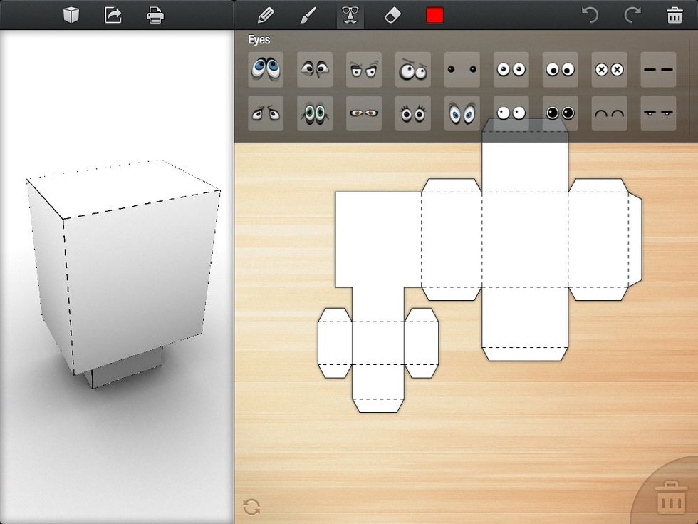 Choose from a library of elements like eyes, mouths, arms, etc. to quickly create a great looking papercraft. Just drag an element out of the menu bar, then use your fingers to place, resize or rotate