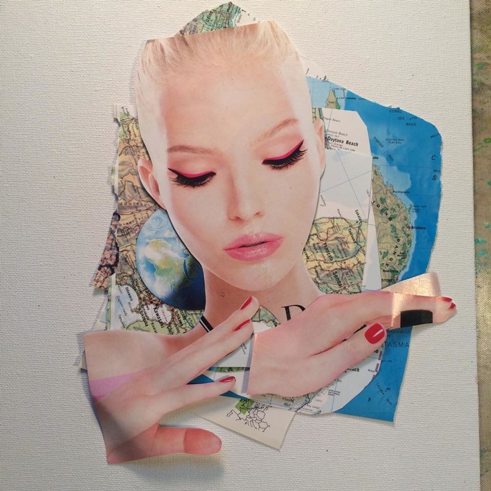 Choose images you wish to use on your canvas and cut them in detail. Spray with Fixatiff spray to prevent any color in the print from smudging.