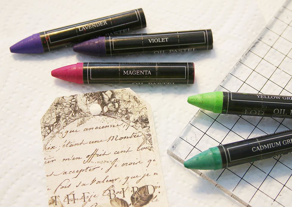 Choose Oil Pastel colors to play with! I chose Lavender, Violet, Magenta, Yellow Green, and Cadmium Green to start with.