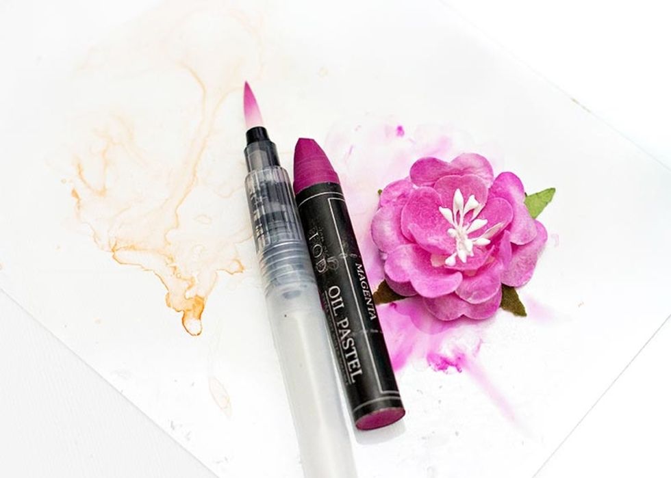 Choose Oil Pastels & draw on your craft mat. Use your waterbrush to mix together. Color the flower, but be careful of the fragile centers. Use your heat gun to dry the flower.