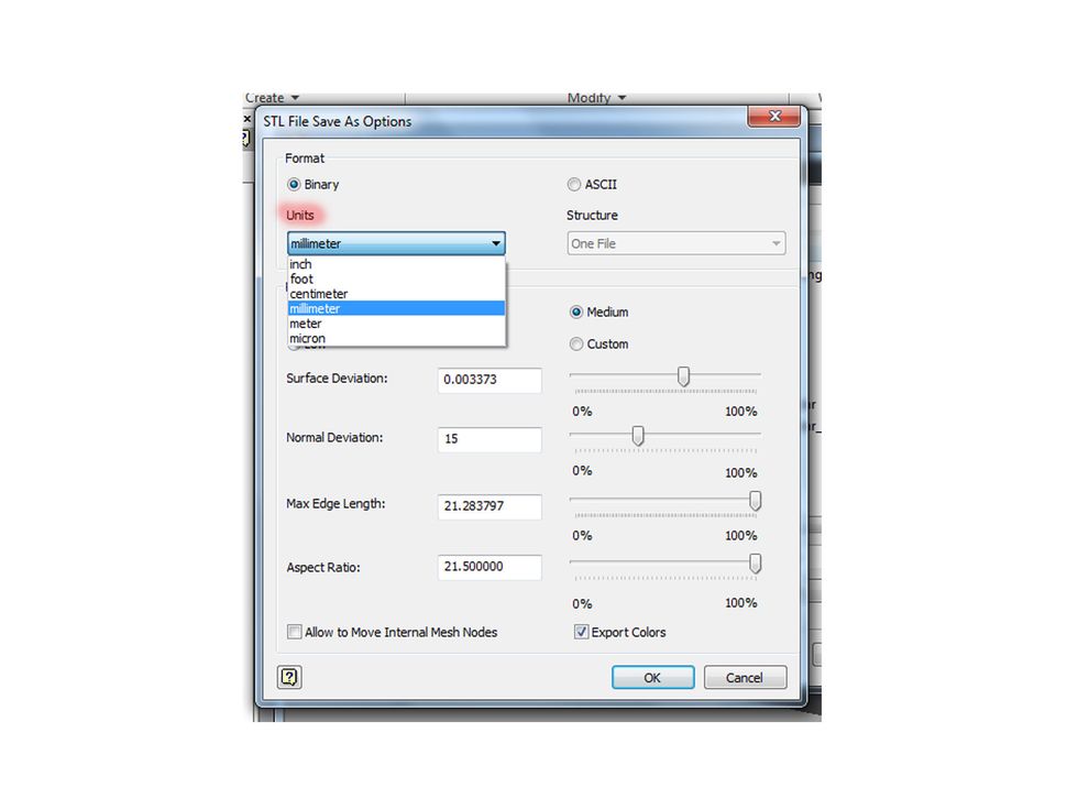 Choose "Options" along the bottom of the export window and check the export units. They should match the units you used for your design. When they are correct click Ok and Save.