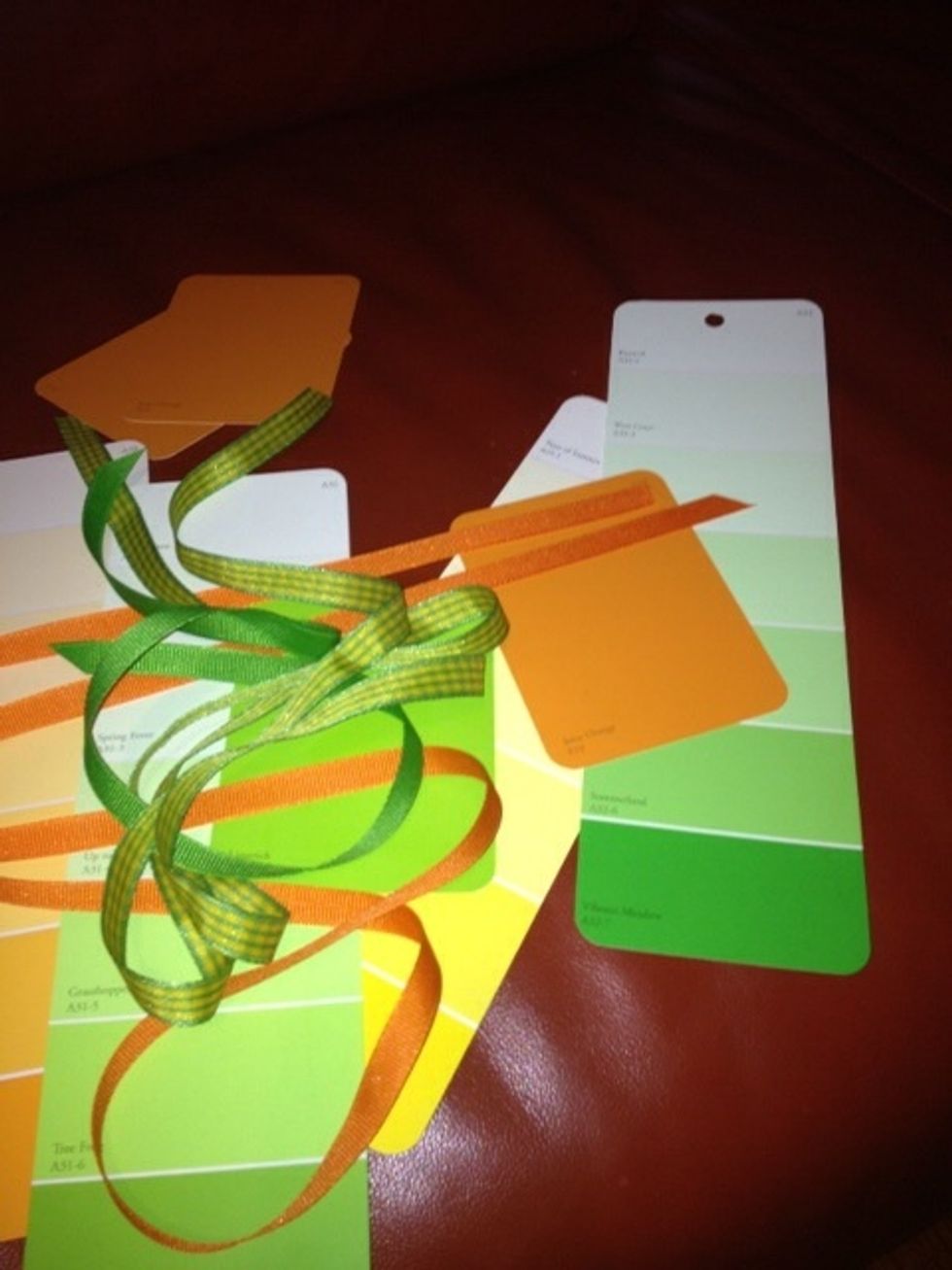 Choose ribbon to complement paint chips, length is up to you. Snip ends on the diagonal so they won't fray.