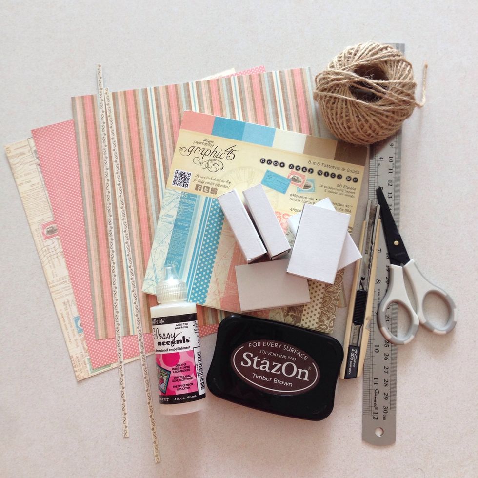 Choose some pattern papers (I'm using G45 Come Away with Me paper collections here) for my suitcases... Gather your supplies; list at bottom left hand corner of this guide...