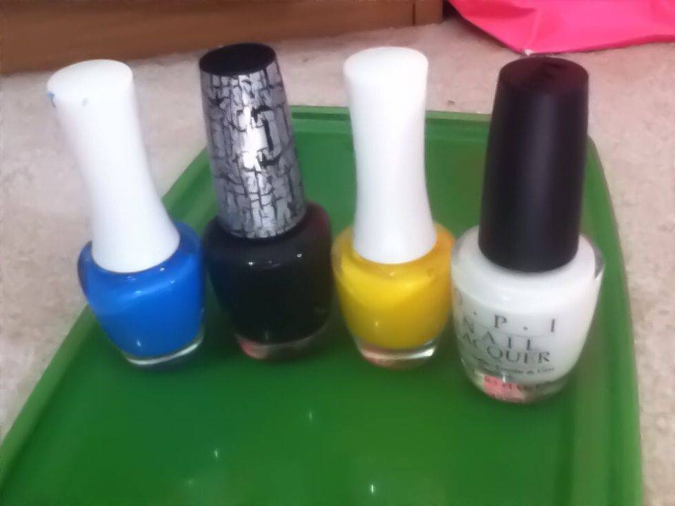 Choose the bright nail polish as a base. For now, i will choose the yellow one. \ud83d\udc85wait until dry and add the black shatter on top of yellow.