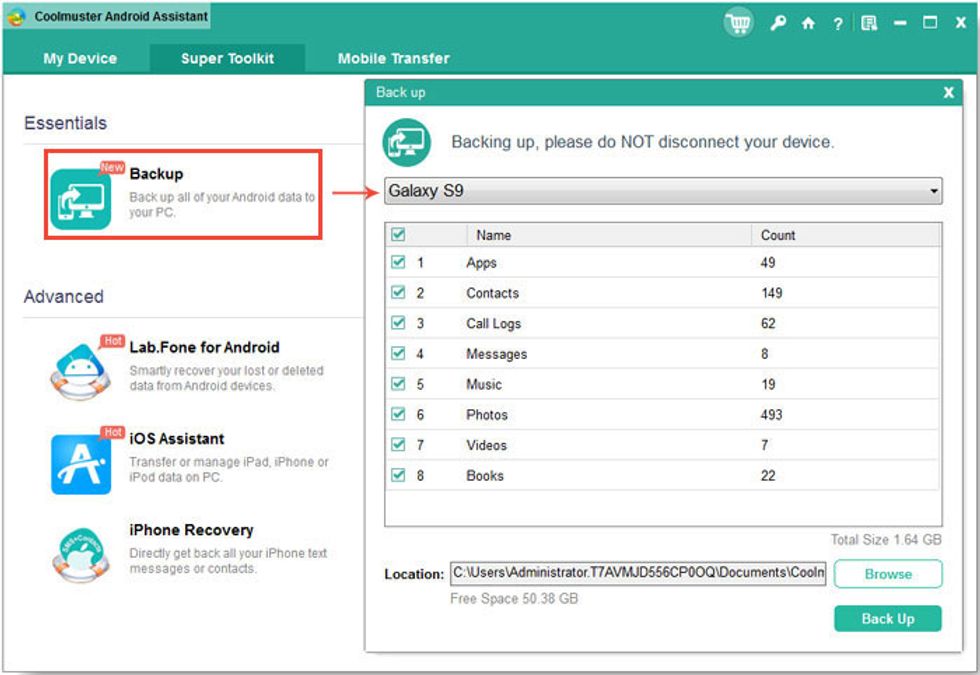 Choose the files you need to back up and select the destination location on your computer to save these backups. Tap on the 'Back Up' button to save the files on the selected location.