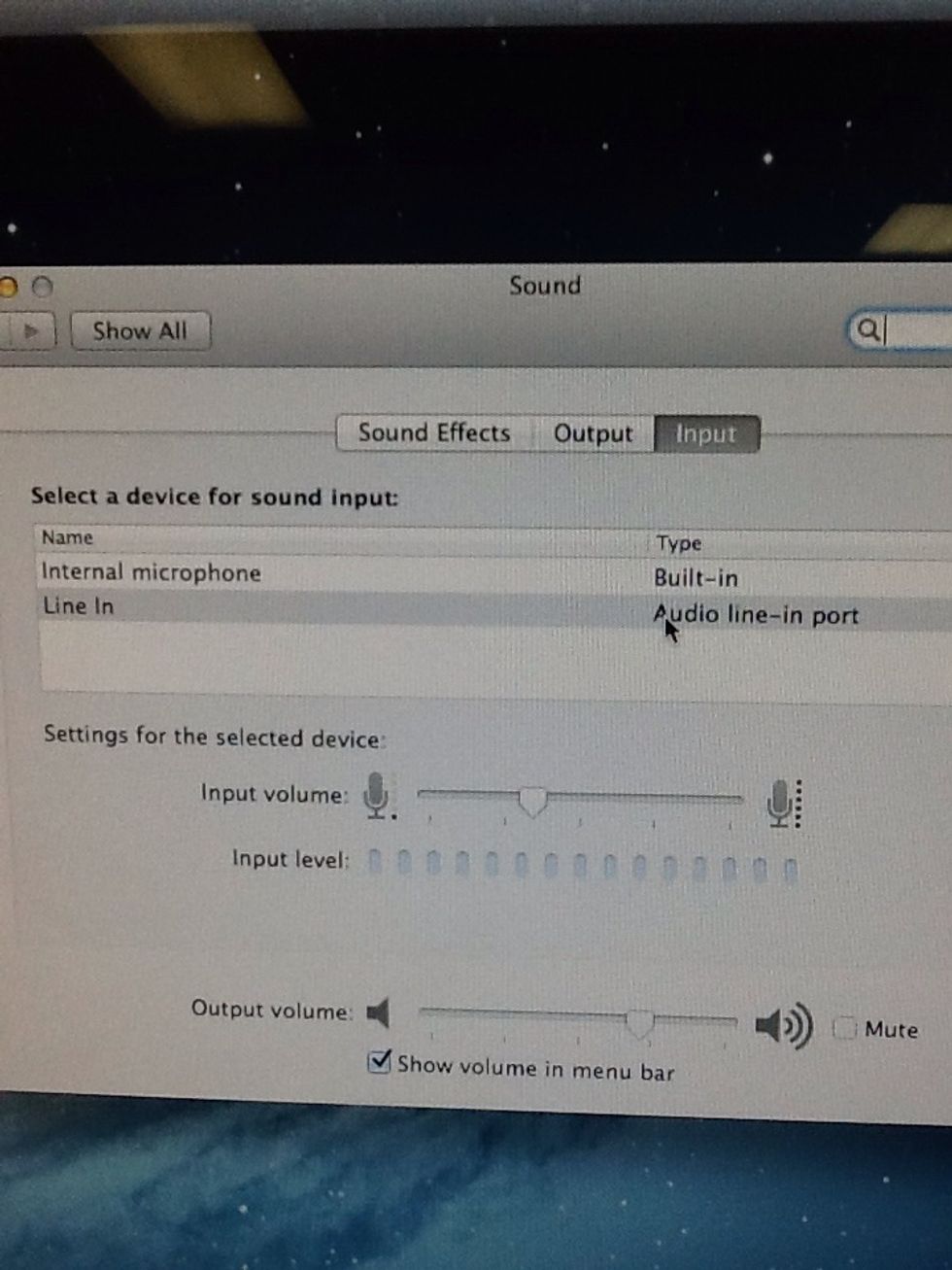 Choose the "Line In" choice for your sound input device.