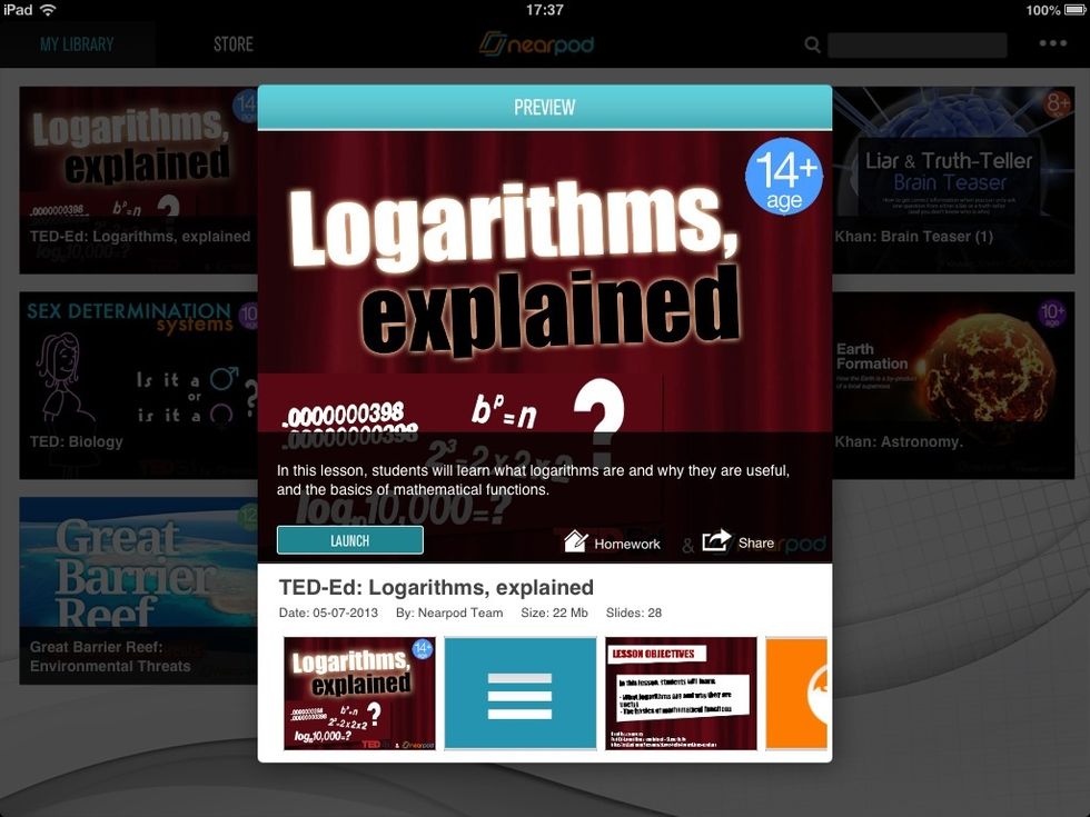 Choose the presentation that you'd like to share as Homework. Tap on the Homework button.