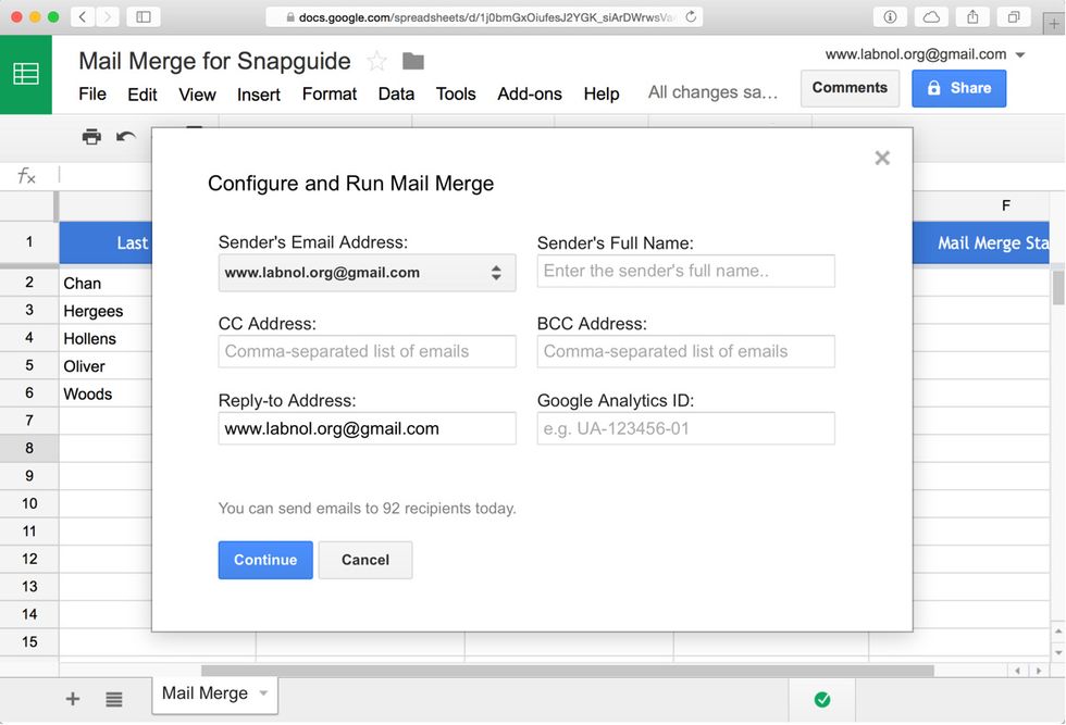 Choose the Run Mail Merge menu to open the wizard. Select the Gmail alias and emails will be sent on behalf of this address. Enter your name while the other fields are optional. Click Continue.