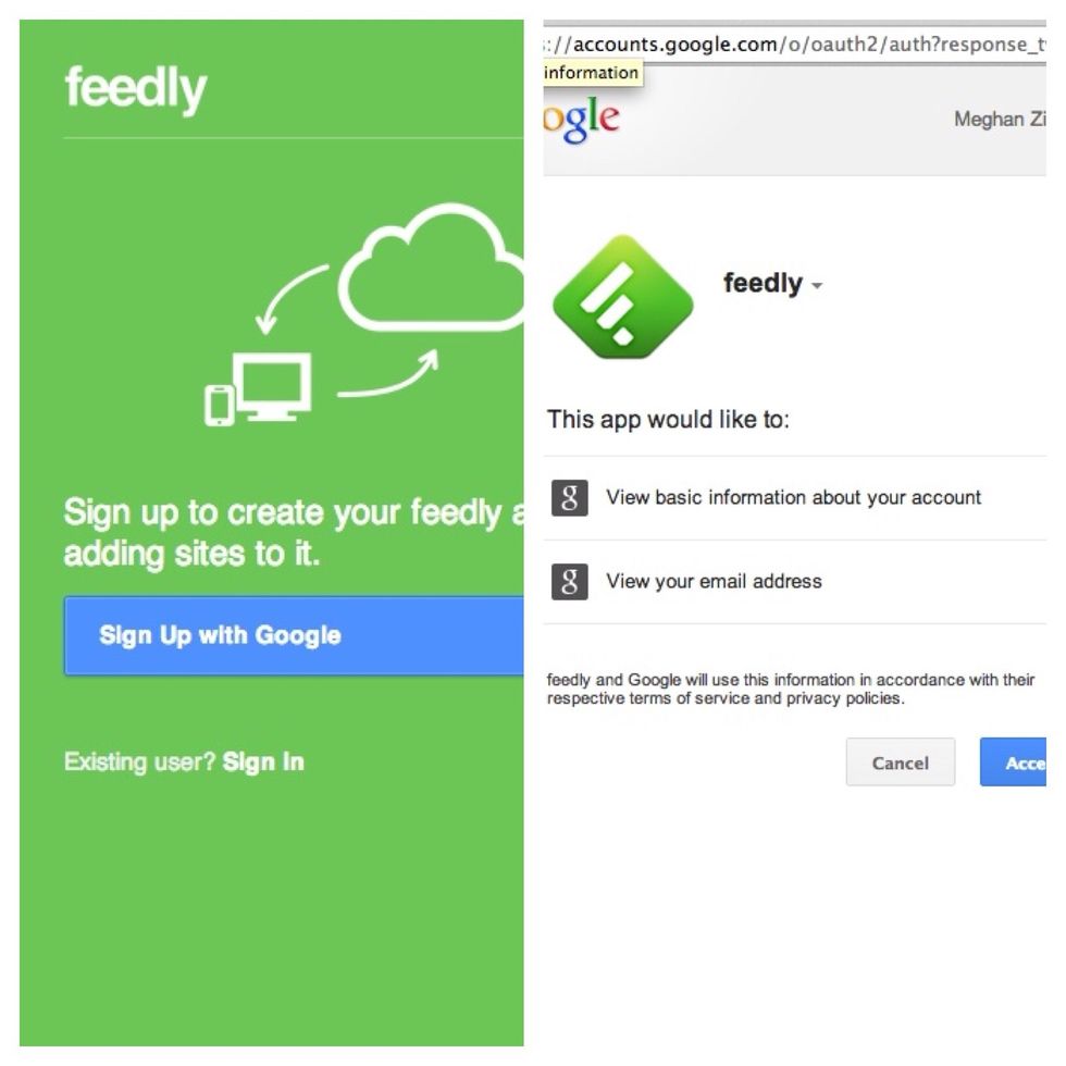 Choose the "Sign Up with Google" option and allow Feedly access to connect.