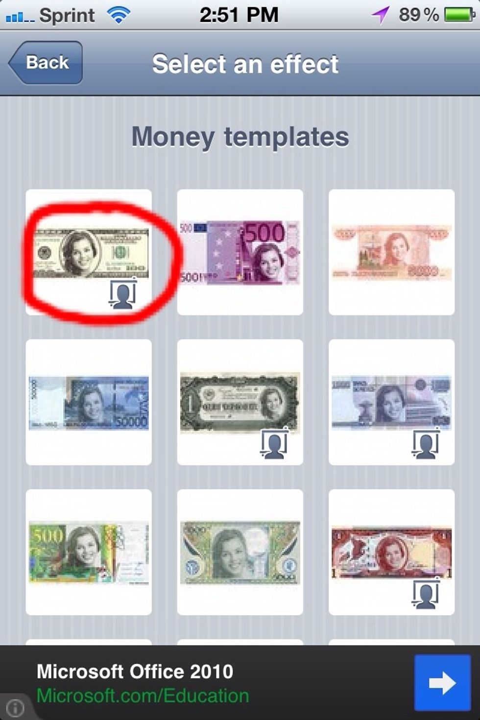 Choose which money template you would like to use (I used the US one hundred dollar bill).