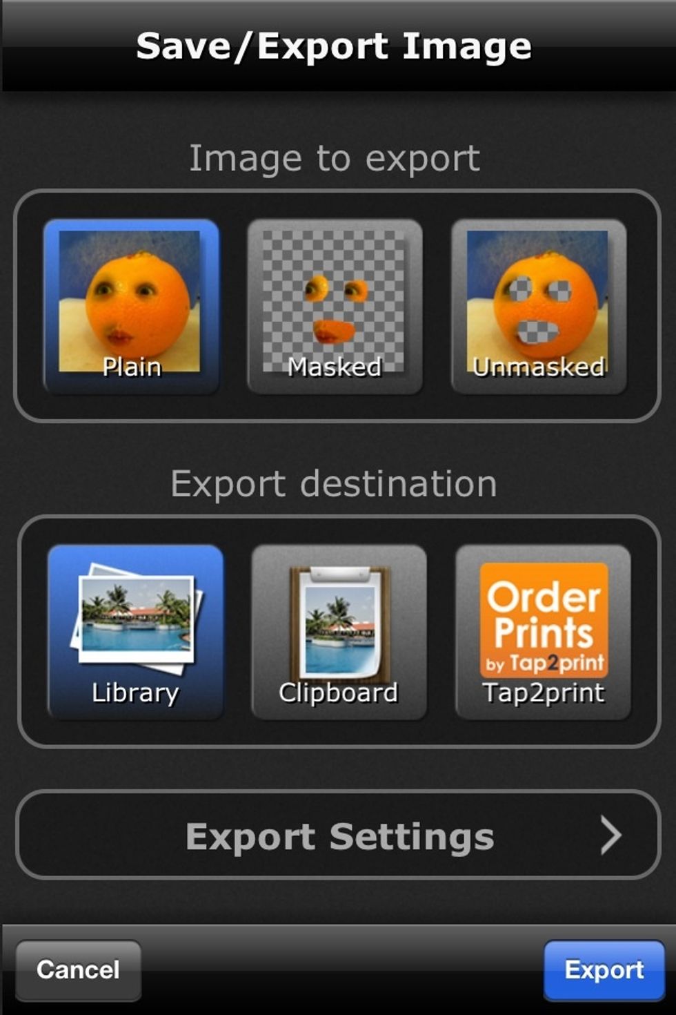 Choose your export settings. Then choose the photo of the blended face and orange and you're done. You can also experiment with other fruit or items.