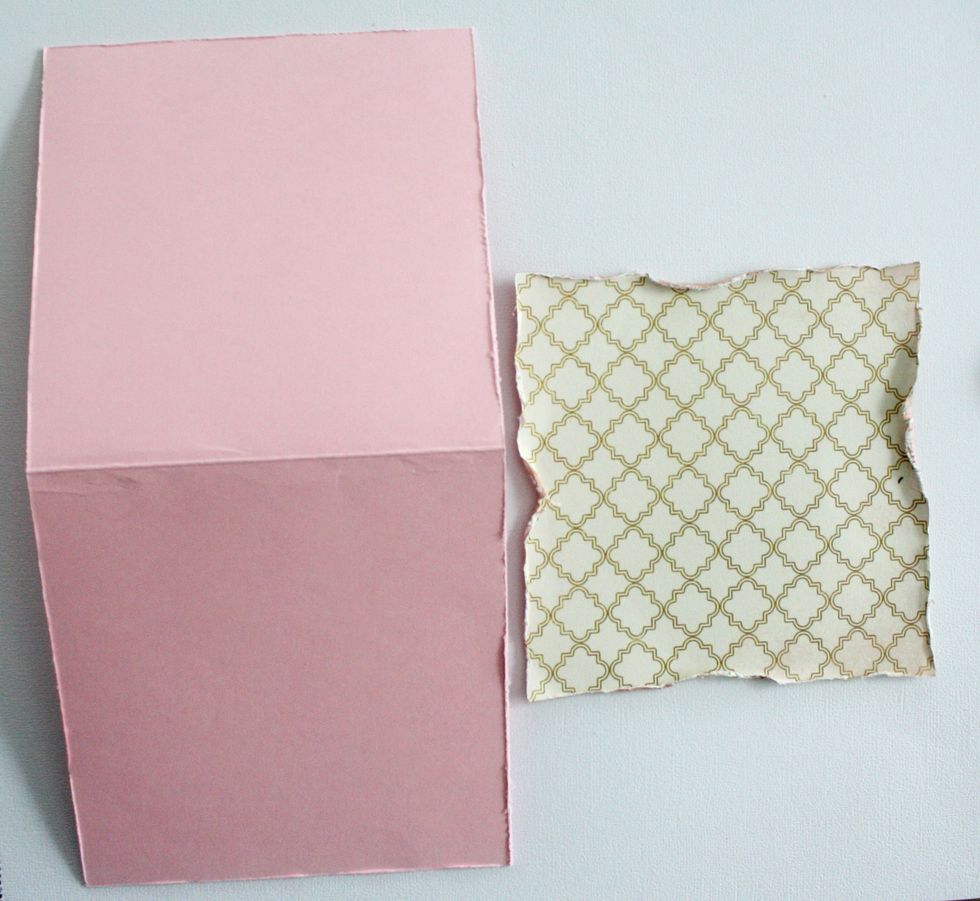 Choose your papers. Cut a 6"x 12" piece of cardstock. Fold in half. Choose a patter paper and cut 6"X6" and distress.