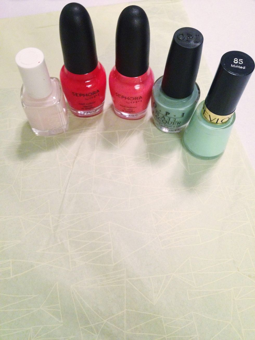 Choose your polish colors. From left to right- Essie- ballet slipper/ Opi- High Maintenance/ Opi- I'm wired/ Opi- Thanks a Windmillion/ Revlon- Minted