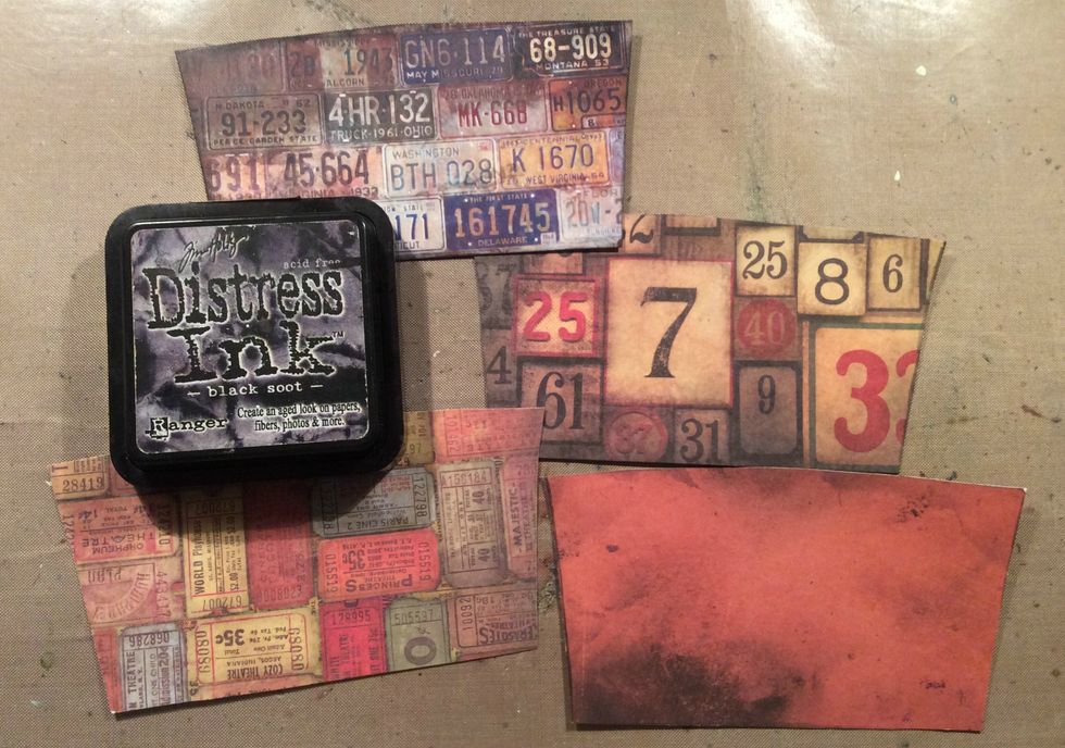 Choose your scrapbook paper and using your coffee sleeve as a template cut your paper and adhere to coffee sleeve. Distress all edges with Black Distress Ink