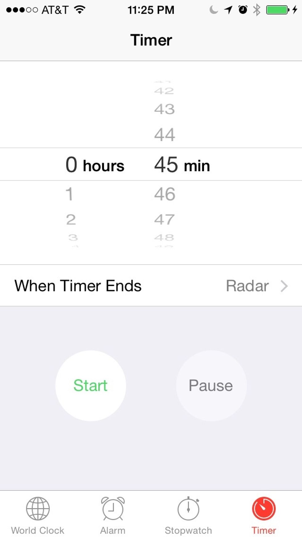 Choose your timer length. I set mine to 45 minutes. Then, tap the option "When Timer Ends." I am going to replace the default ringtone with the feature to stop playing audio when the timer ends.