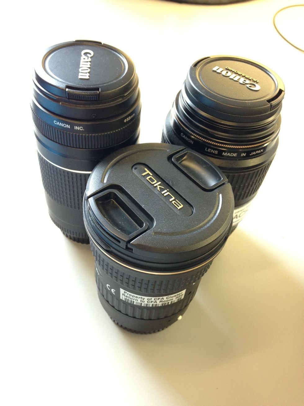 Choosing the right DSLR lens can help get the right depth and sharpness you want in your photographs. Here we have three: Telephoto (Zoom), Wide Angle (Wide shots), and Macro (Close ups).