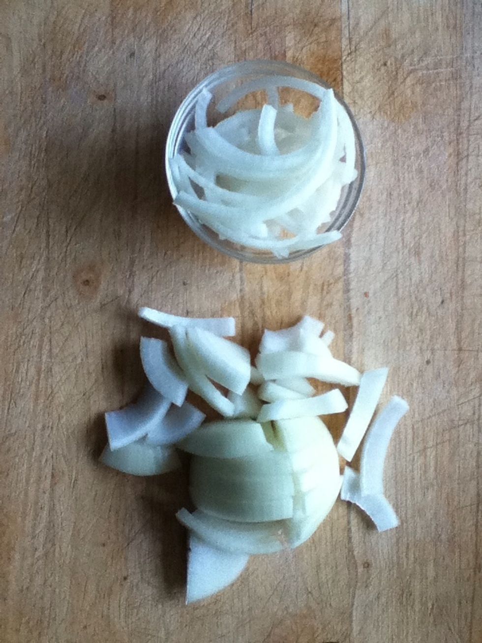 Chop 1/4 of the onion into half rings for the top and the rest into quarters