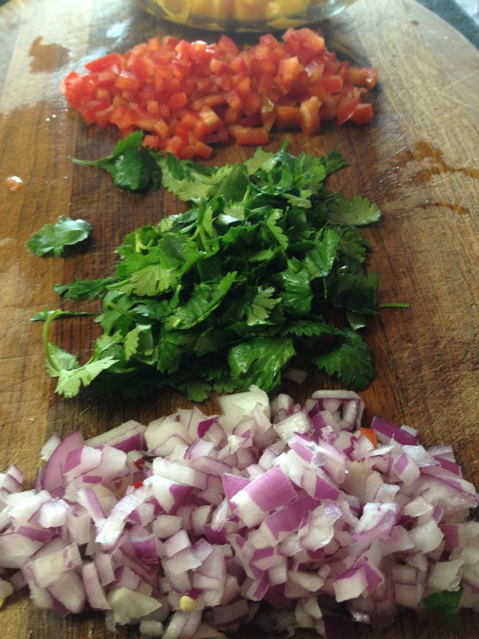 Chop 1/4 red onion and the tops off half a bunch of cilantro. (Add one small diced jalape\u00f1o if desired, remove seeds. Wash hands after and don't touch your eyes!)