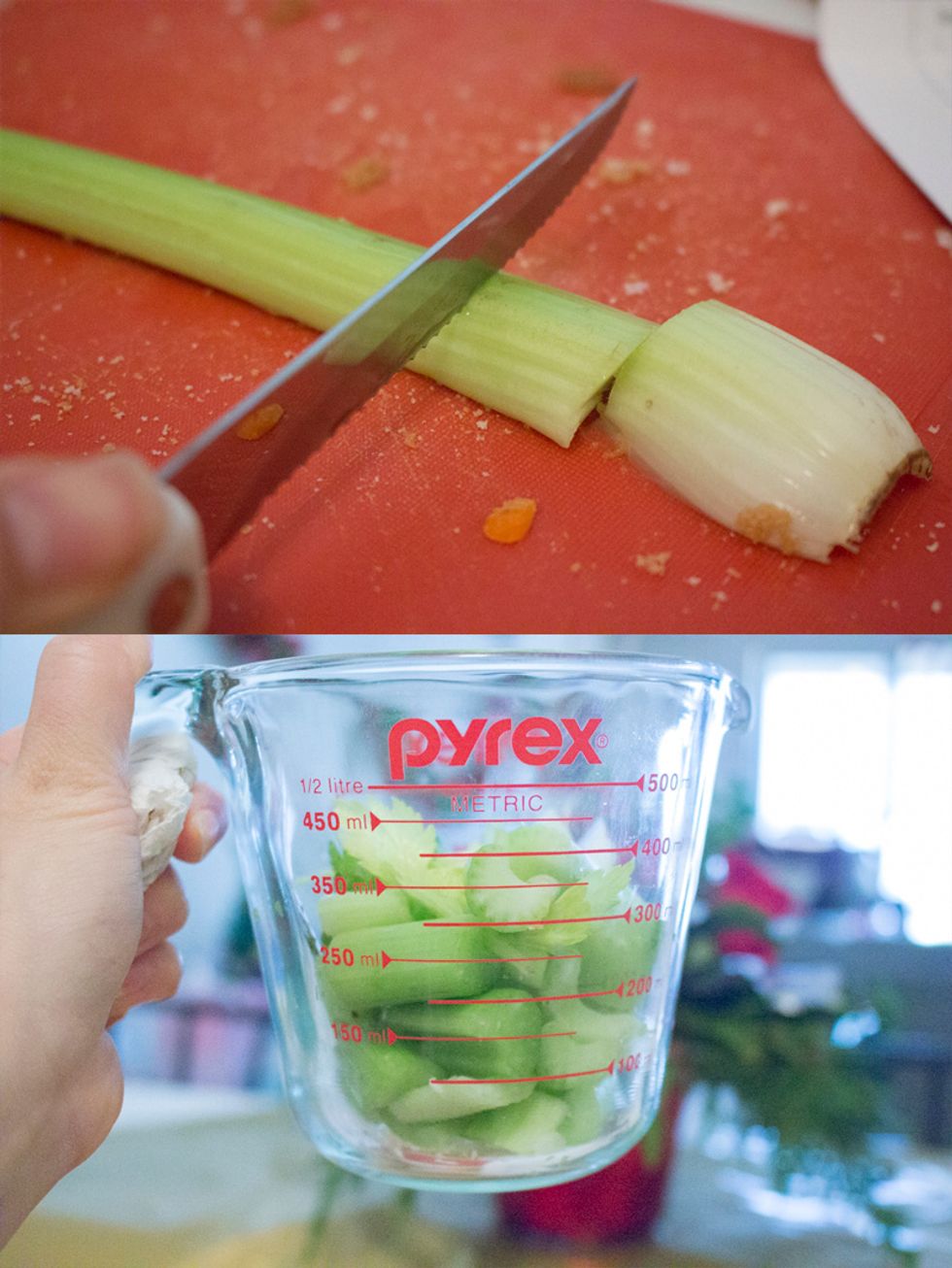 Chop 3/4 cup of celery and set aside.