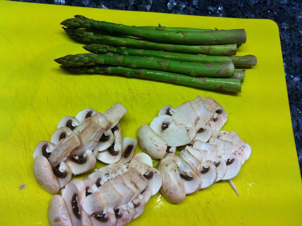 Chop a little off ends if esparagus & finely slice the mushrooms