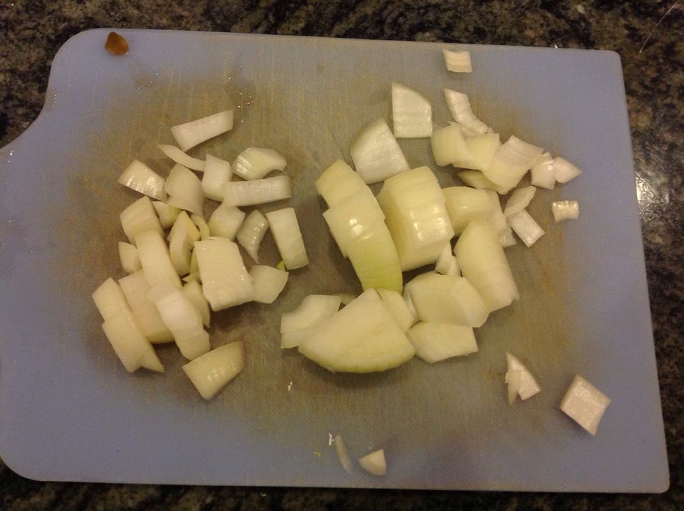 Chop all the onions so that they can be minced in a food processor.