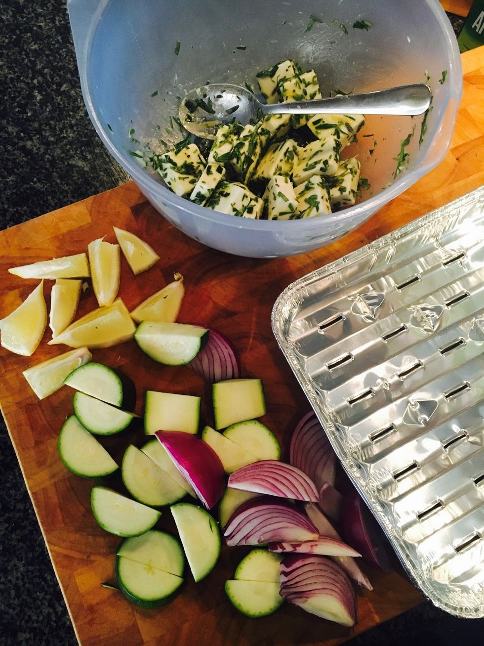 Chop all veg. Blend chopped herbs with 1/2 lemon juice and 1/2 lemon zest.