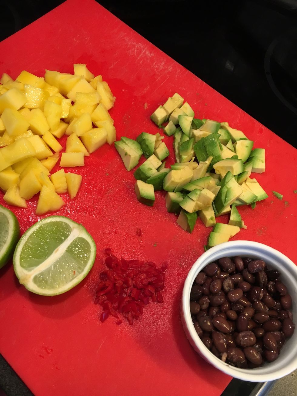 Chop all veg. Drain & rinse the black beans and cut the lime in half