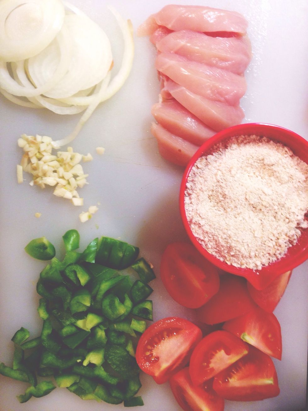 Chop all veg. Process oats and dice chicken.