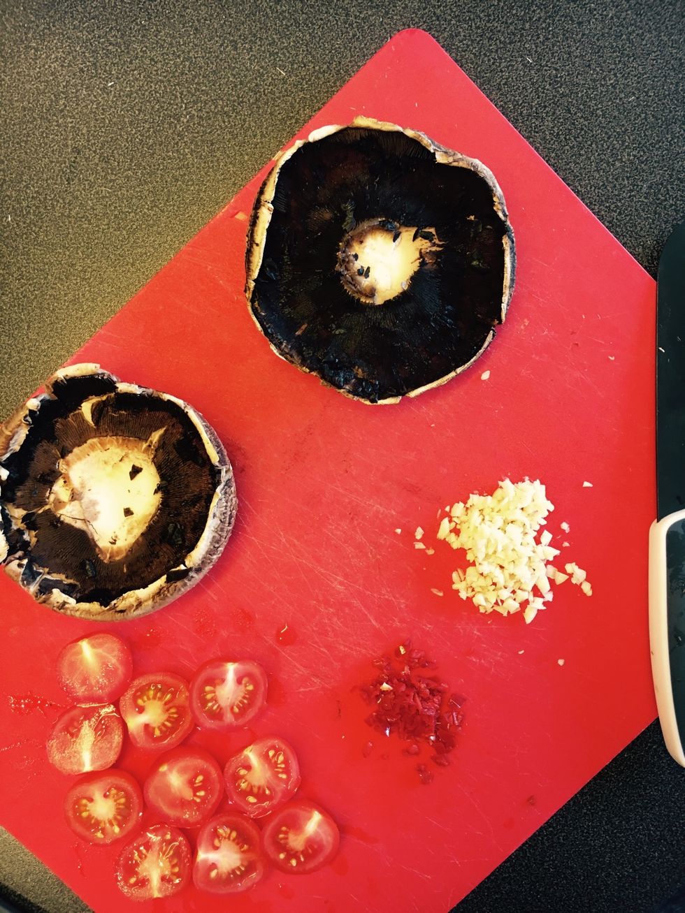 Chop all veg. Remove stem from mushrooms & rinse carefully with a spoon