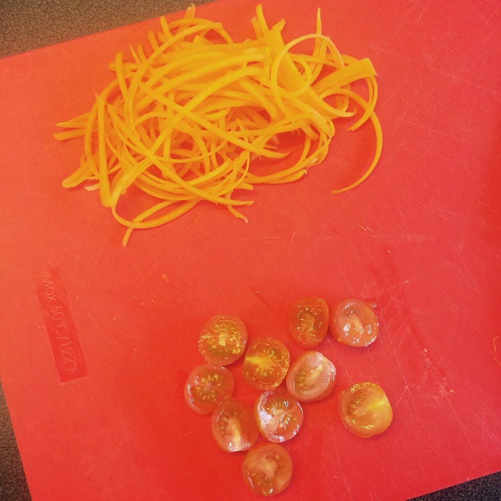 Chop all veg (spiralize the butternut squash with the spiralizer).