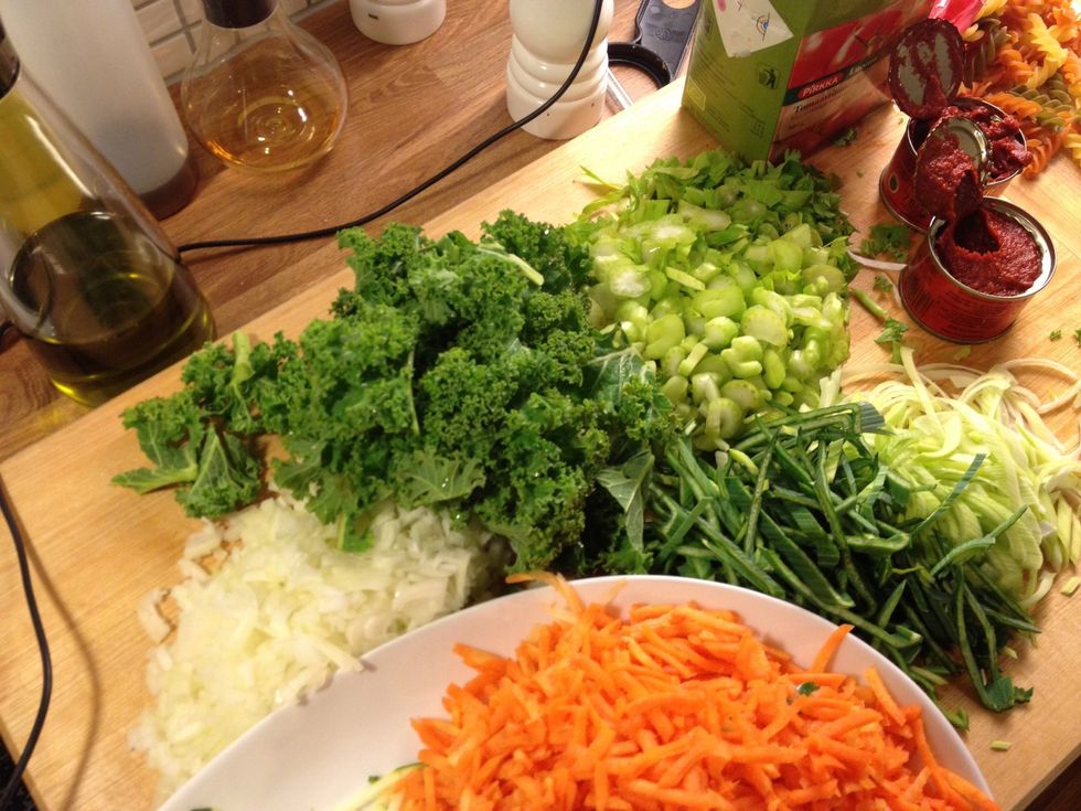 Chop all vegetables like so. You can chop what ever shape you like but not too big or small size.