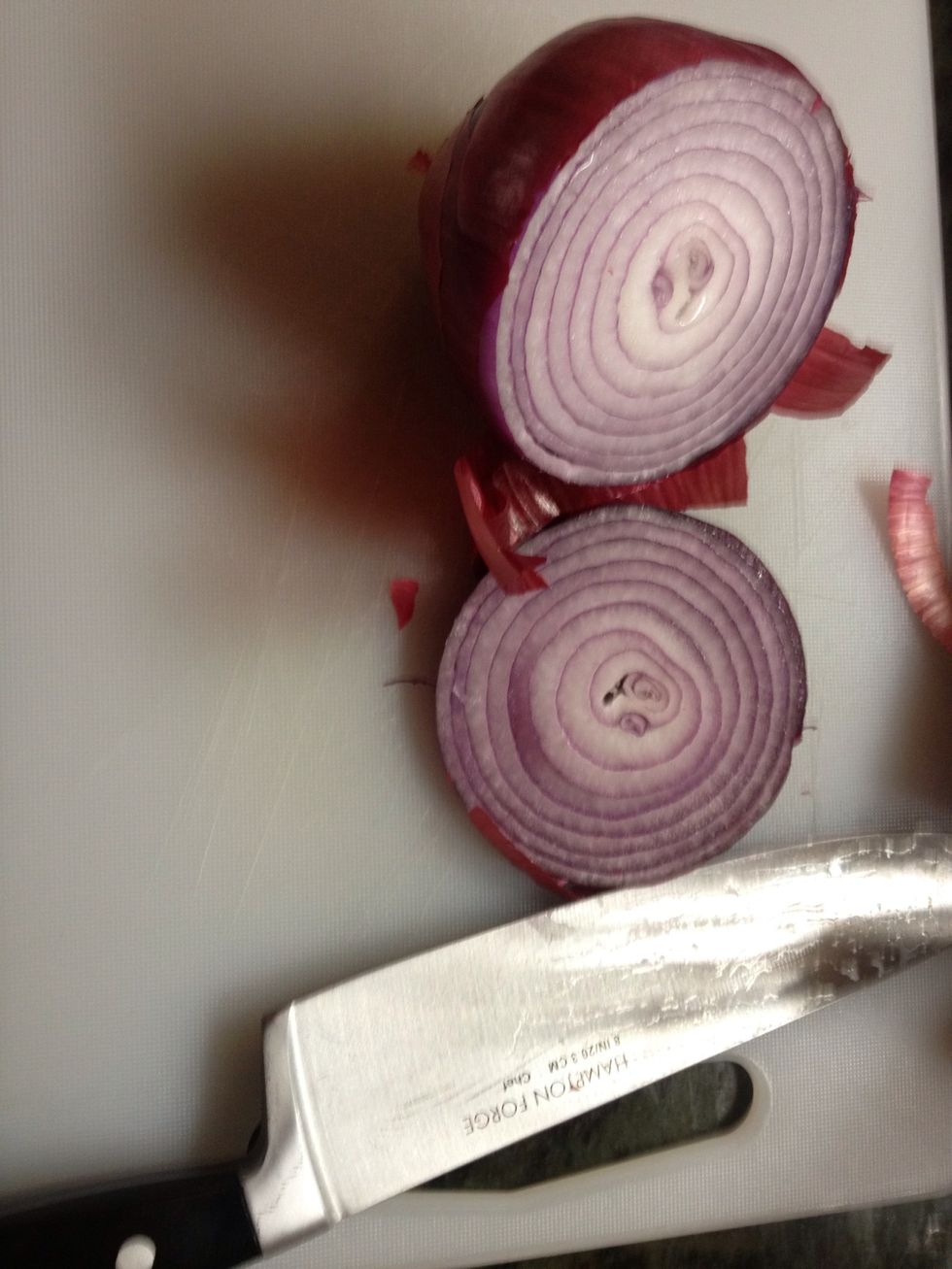 Chop an onion into cross sections. Peel the skin. I like red onions for their rich flavor.