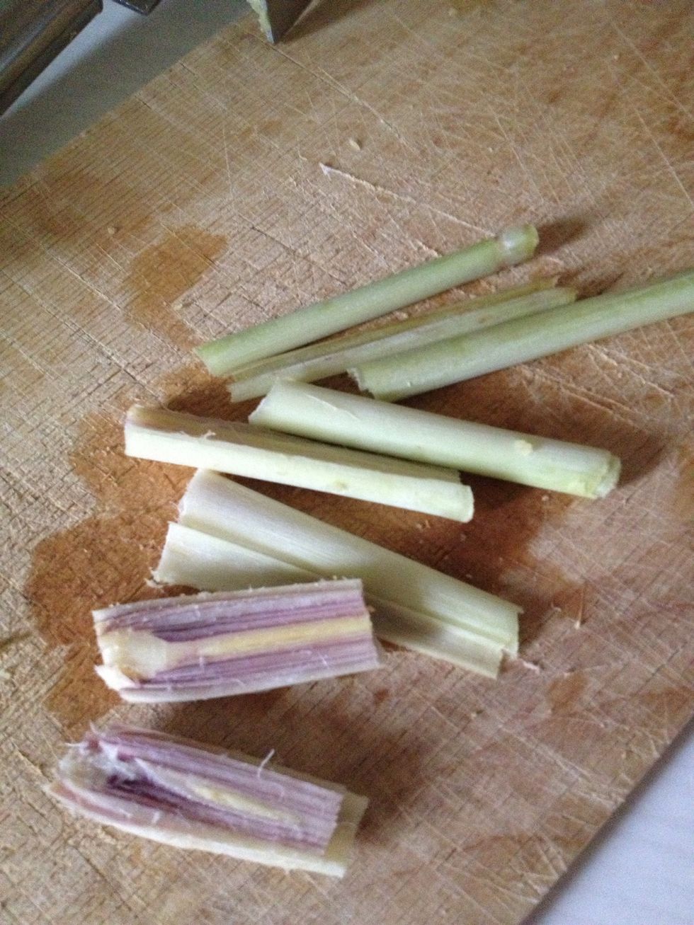 Chop and bruise the lemon grass. I love the smell of this stuff!