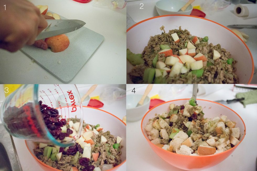Chop and core your apple, add two mixture. Next add cranberries and mix together using tongs.
