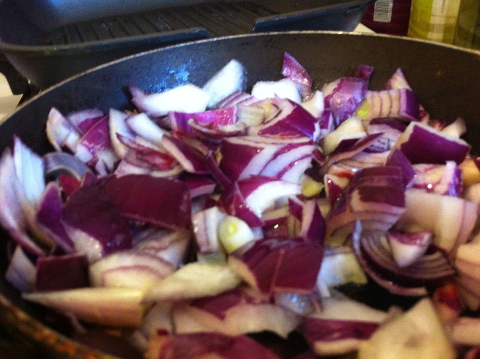 Chop and fry onion until golden brown.