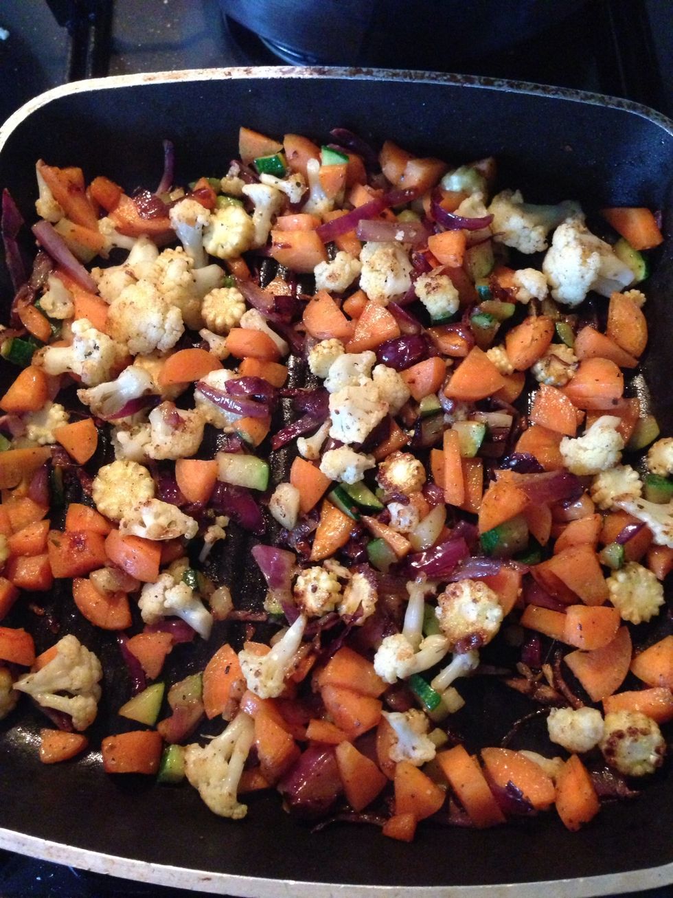Chop and fry your chosen veggies in some olive oil until they soften and start to brown. Add salt, pepper and mixed herbs