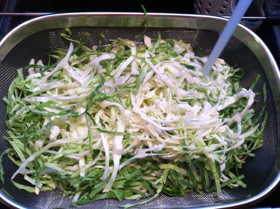 Chop and rinse your cabbage. You can cut it however you want, I like it shredded (not slaw thin but at the same party). Organic folks may want to use a salad spinner ............ Just sayin'