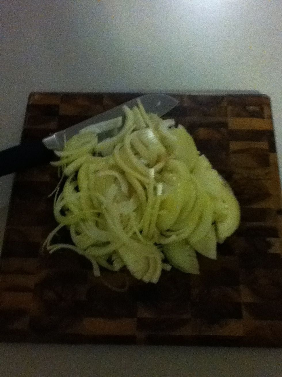 Chop at least two onions into ribbons. Trust me on this, they will cook down to almost nothing. It is at this point that you should close all the doors in the house, or pay your roommates to go out.