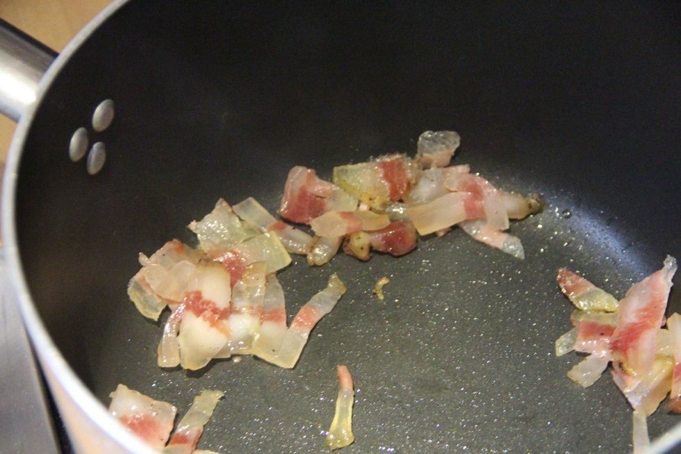 Chop bacon and sizzle in pan till fat melts as much as possible
