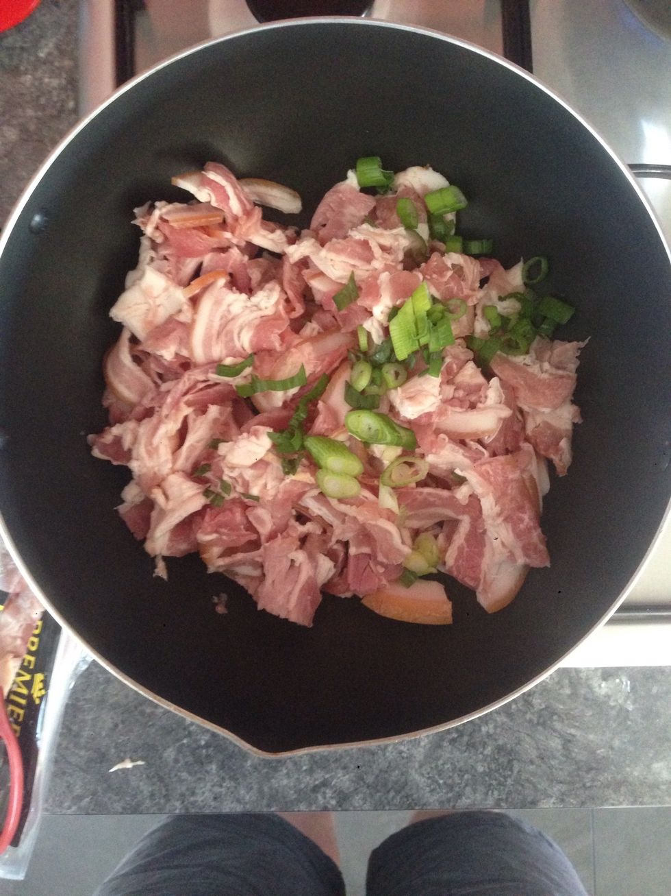 Chop bacon into pieces and gently heat (optional, but I prefer to precook)