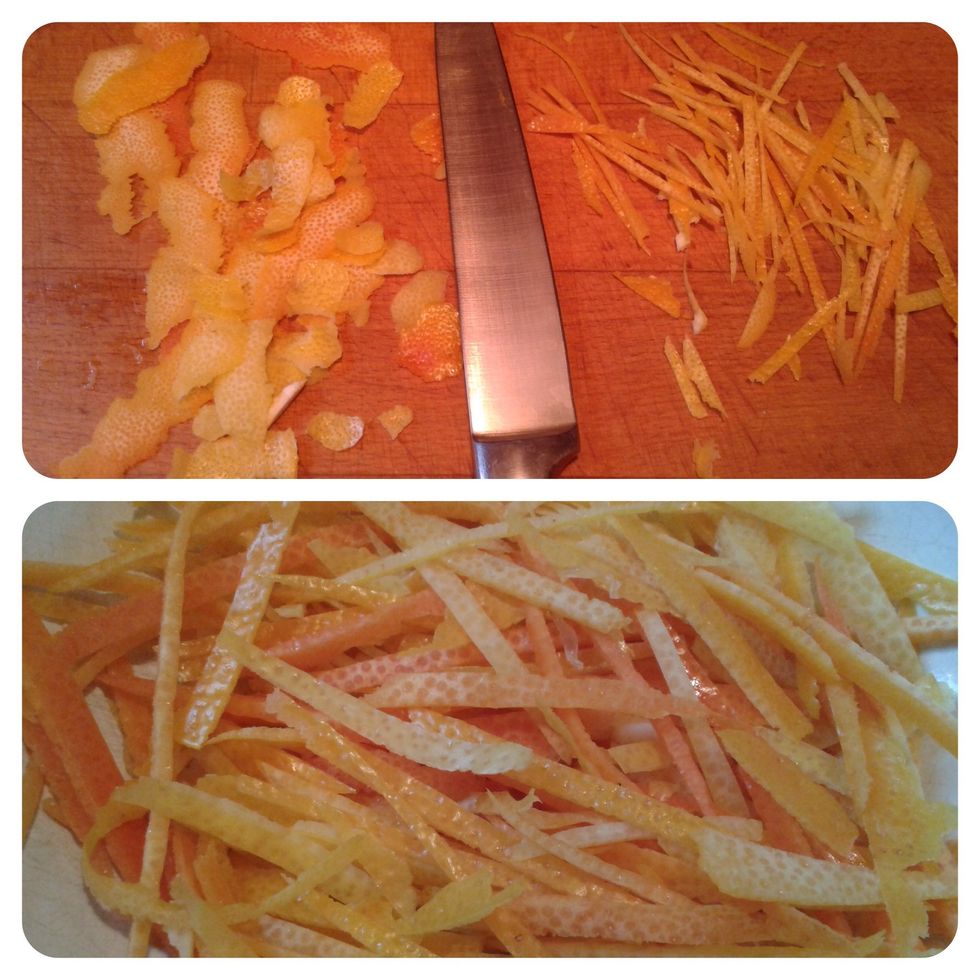 Chop both rinds into very thin strips. Put all your gained knowledge from watching TV Chefs and put the tip of the knife on your board and chop.